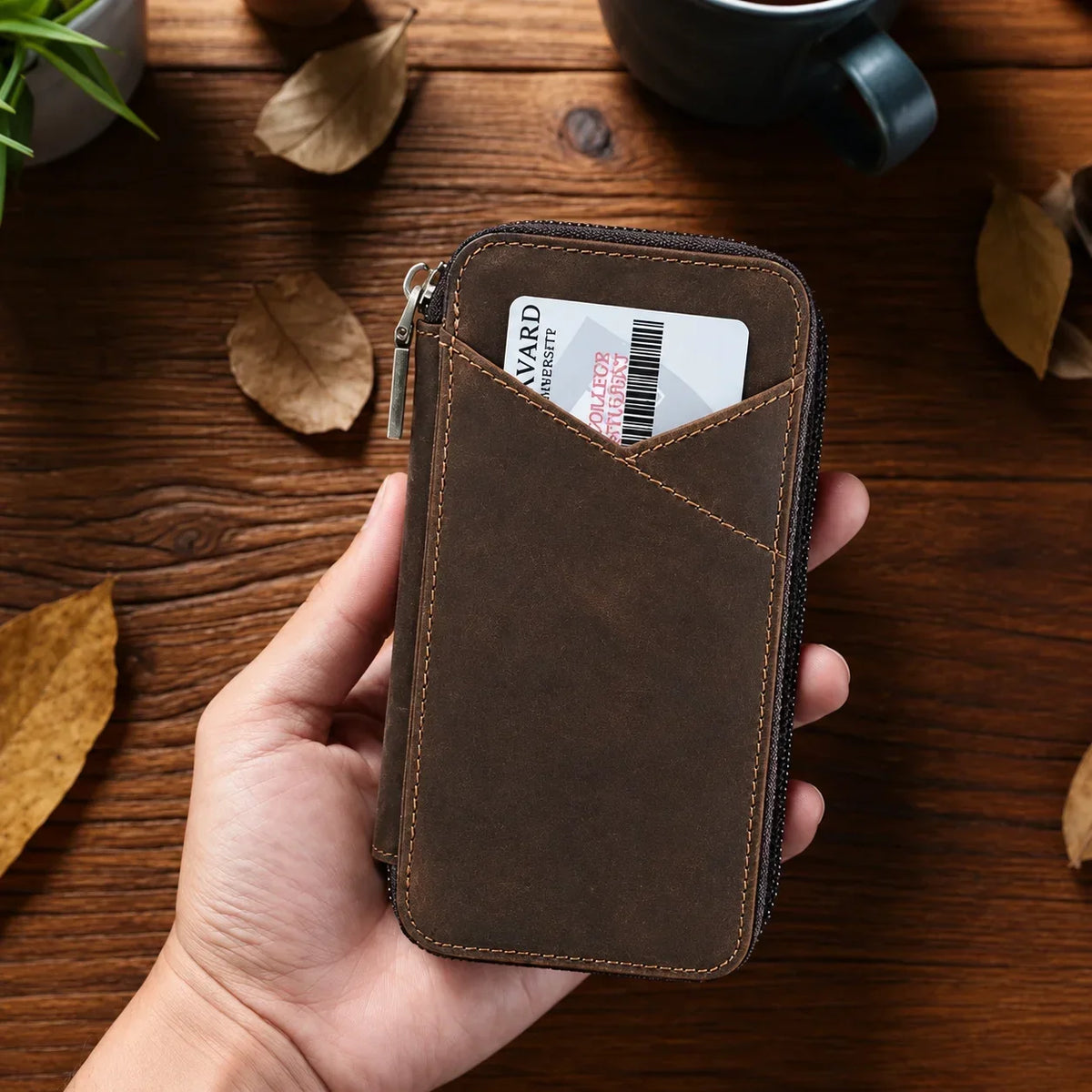 Men’s Leather Pencil Case - 4-Slot Zip Pouch with Card Holder
