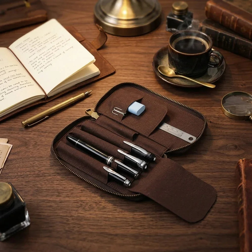 Men’s Leather Pencil Case - 4-Slot Zip Pouch with Card Holder