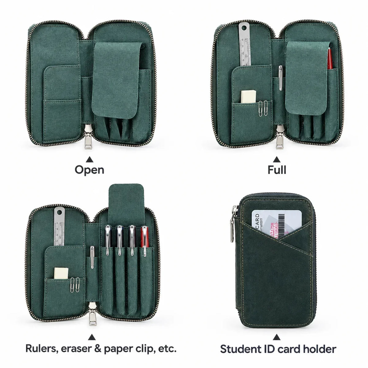 Men’s Leather Pencil Case - 4-Slot Zip Pouch with Card Holder