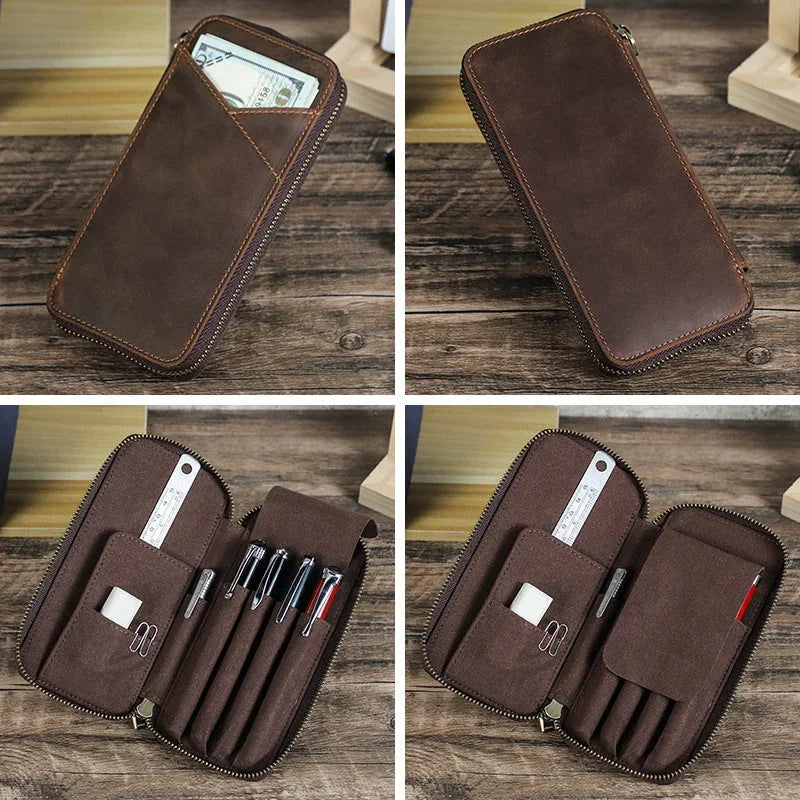 Men’s Leather Pencil Case - 4-Slot Zip Pouch with Card Holder