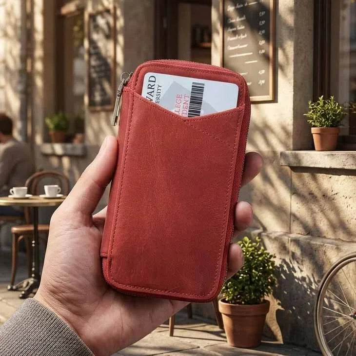 Men’s Leather Pencil Case - 4-Slot Zip Pouch with Card Holder