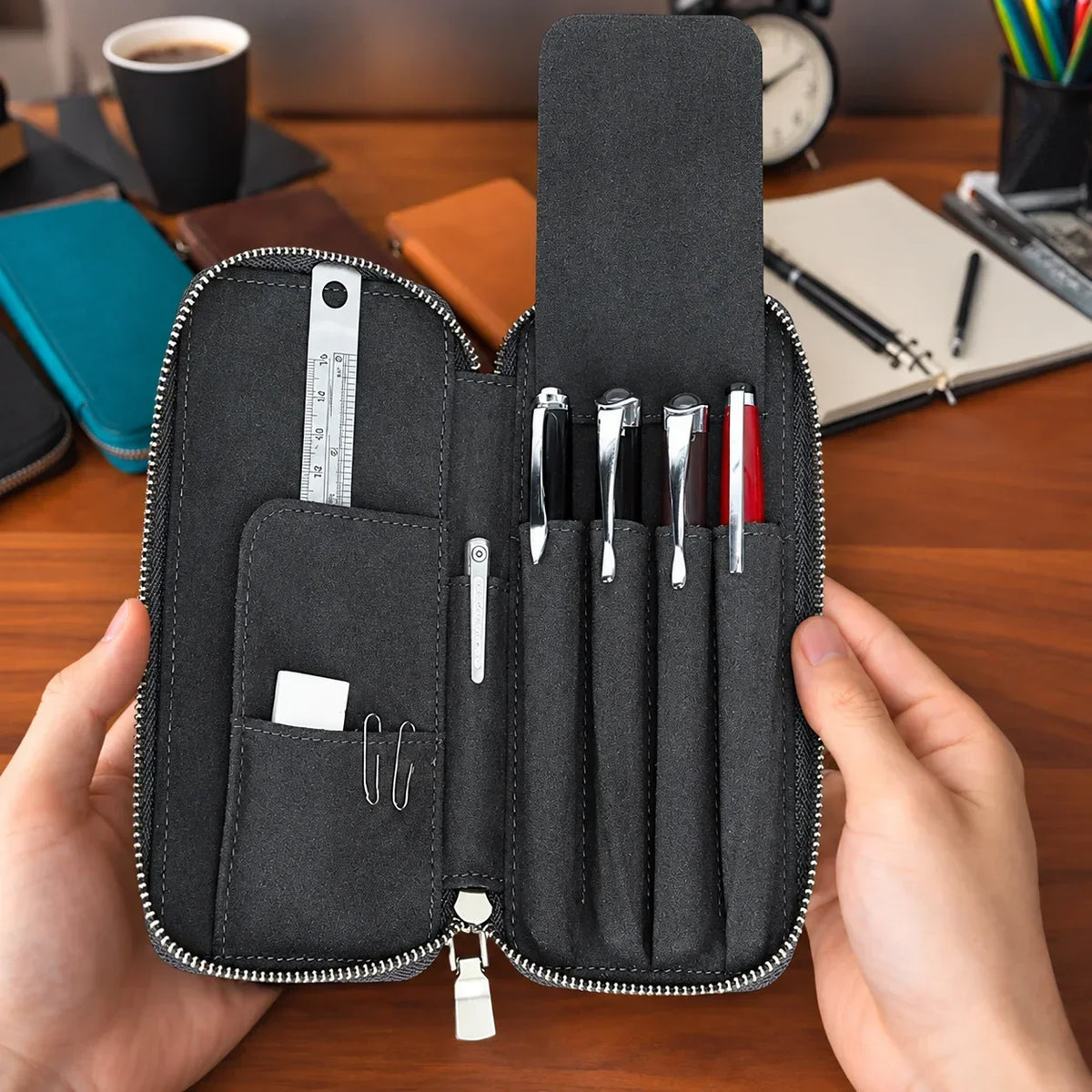 Men’s Leather Pencil Case - 4-Slot Zip Pouch with Card Holder