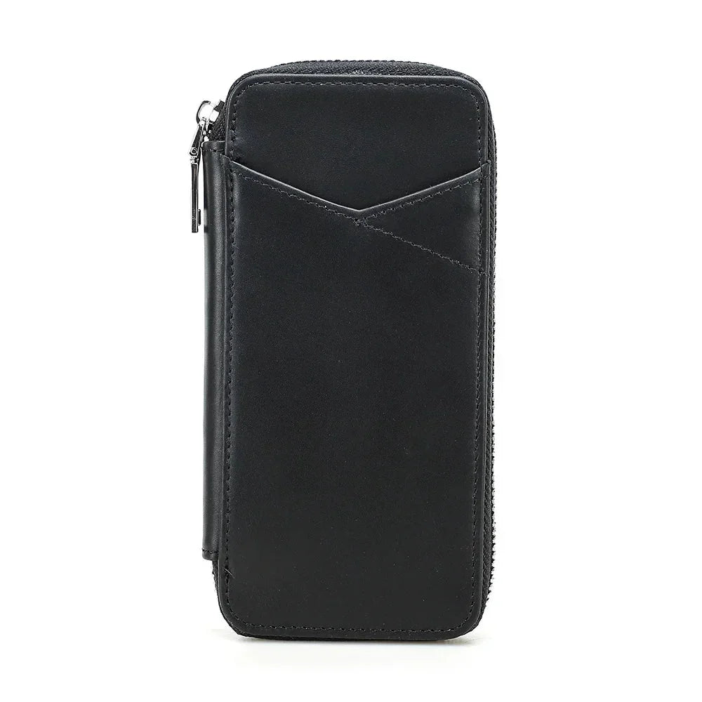 Men’s Leather Pencil Case - 4-Slot Zip Pouch with Card Holder - Black