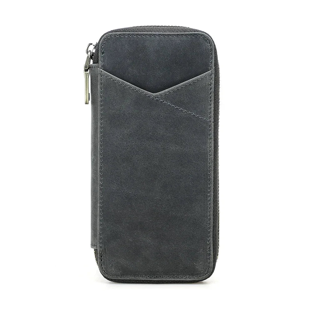Men’s Leather Pencil Case - 4-Slot Zip Pouch with Card Holder - Gray