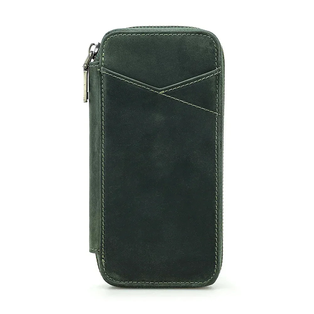 Men’s Leather Pencil Case - 4-Slot Zip Pouch with Card Holder - Green