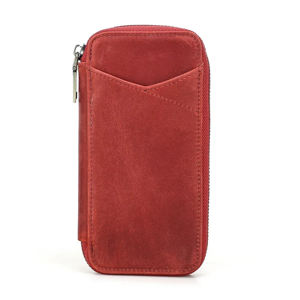 Men’s Leather Pencil Case - 4-Slot Zip Pouch with Card Holder - Red