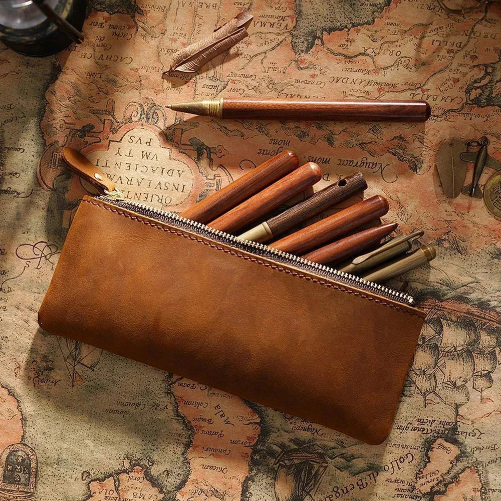 Men’s Leather Pencil Case - Crazy Horse Zip Pouch