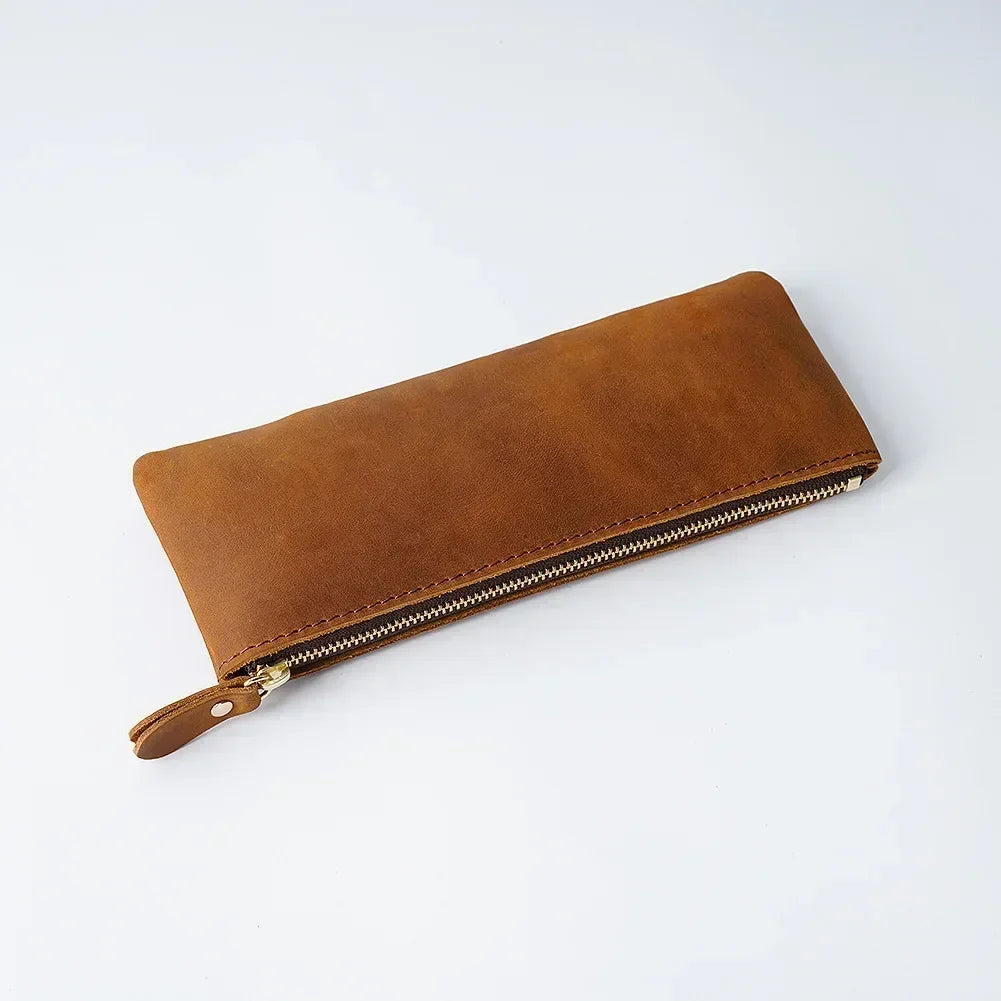 Men’s Leather Pencil Case - Crazy Horse Zip Pouch - Brown