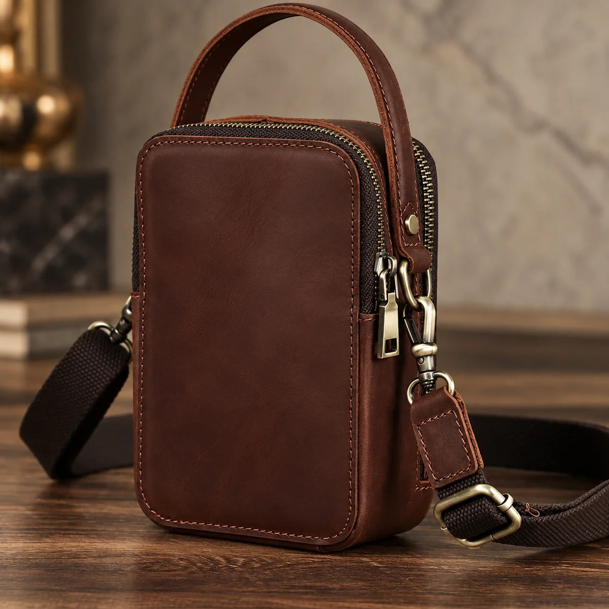 Men’s Leather Phone Crossbody Bag – Vertical Card Slot Carry