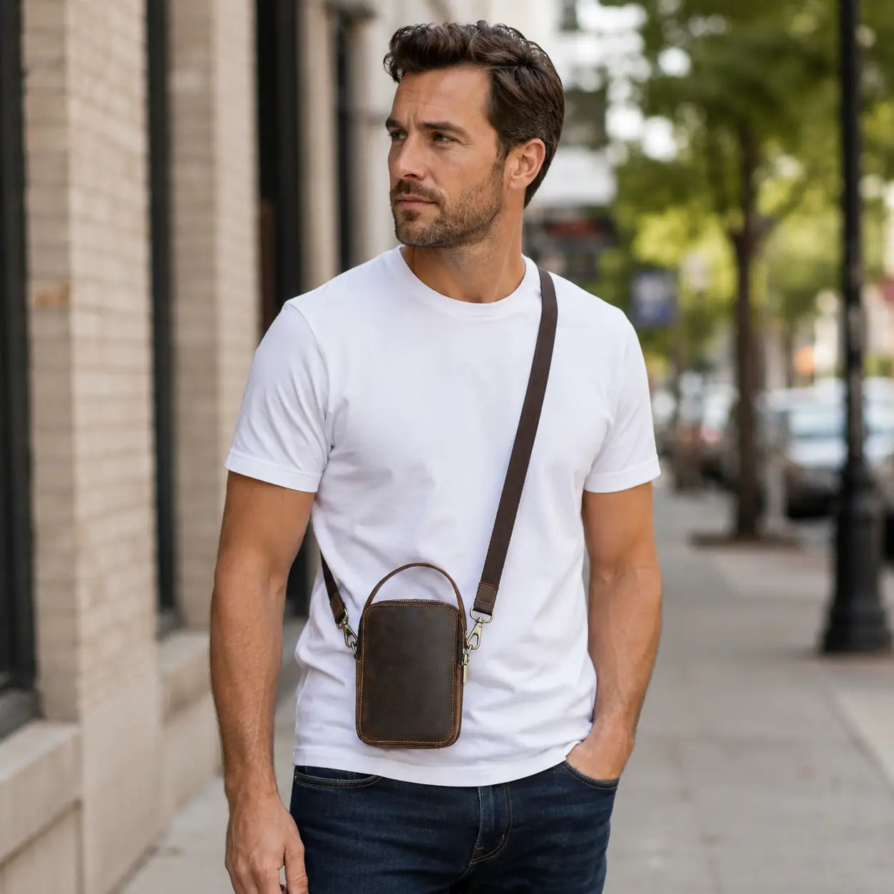 Men’s Leather Phone Crossbody Bag – Vertical Card Slot Carry