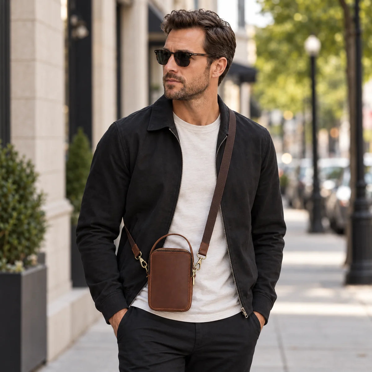 Men’s Leather Phone Crossbody Bag – Vertical Card Slot Carry