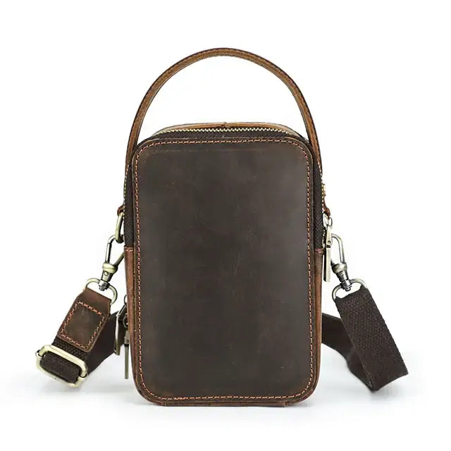 Men’s Leather Phone Crossbody Bag – Vertical Card Slot Carry - Brown