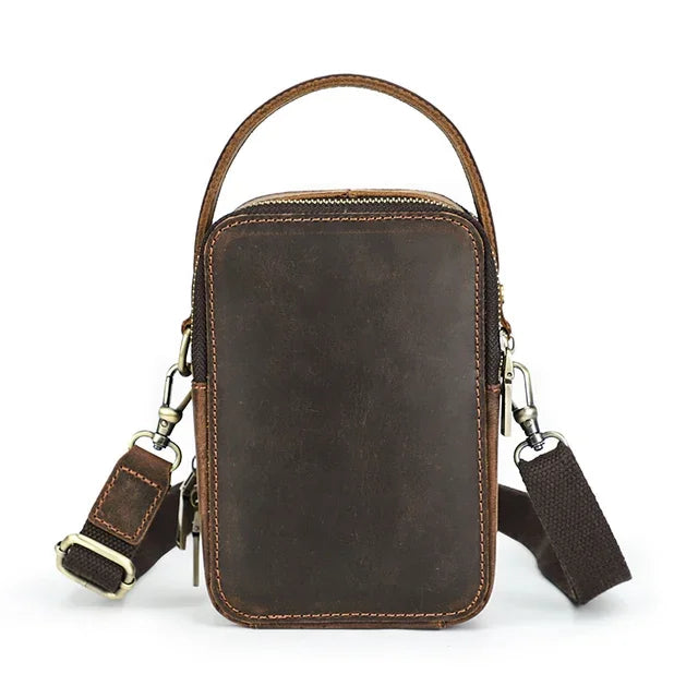 Men’s Leather Phone Crossbody Bag – Vertical Card Slot Carry - Brown