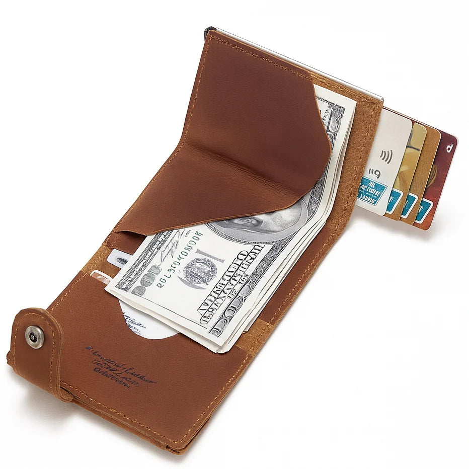Men’s Leather RFID Card Holder – Pop-Up Wallet with Money Clip