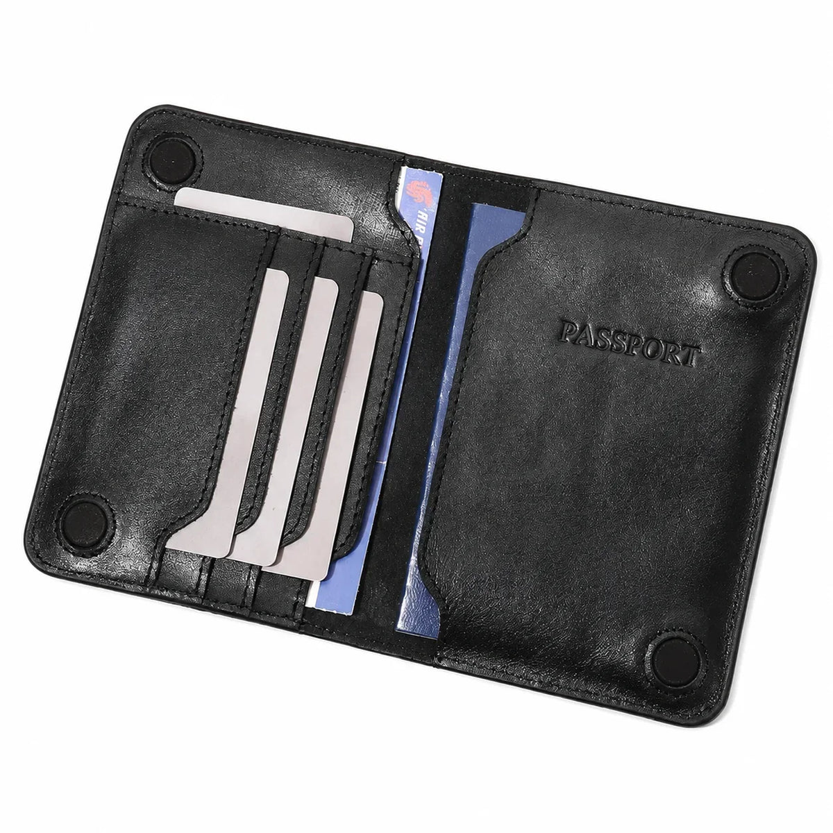 Men’s Leather RFID Passport Holder - Card & Boarding Pass Slots - Black