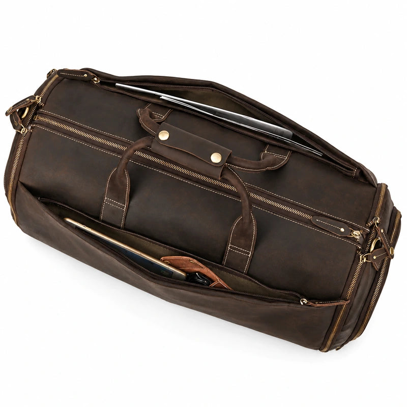 Men’s Leather Rolling Duffle Bag – Wheeled Weekender Travel Bag