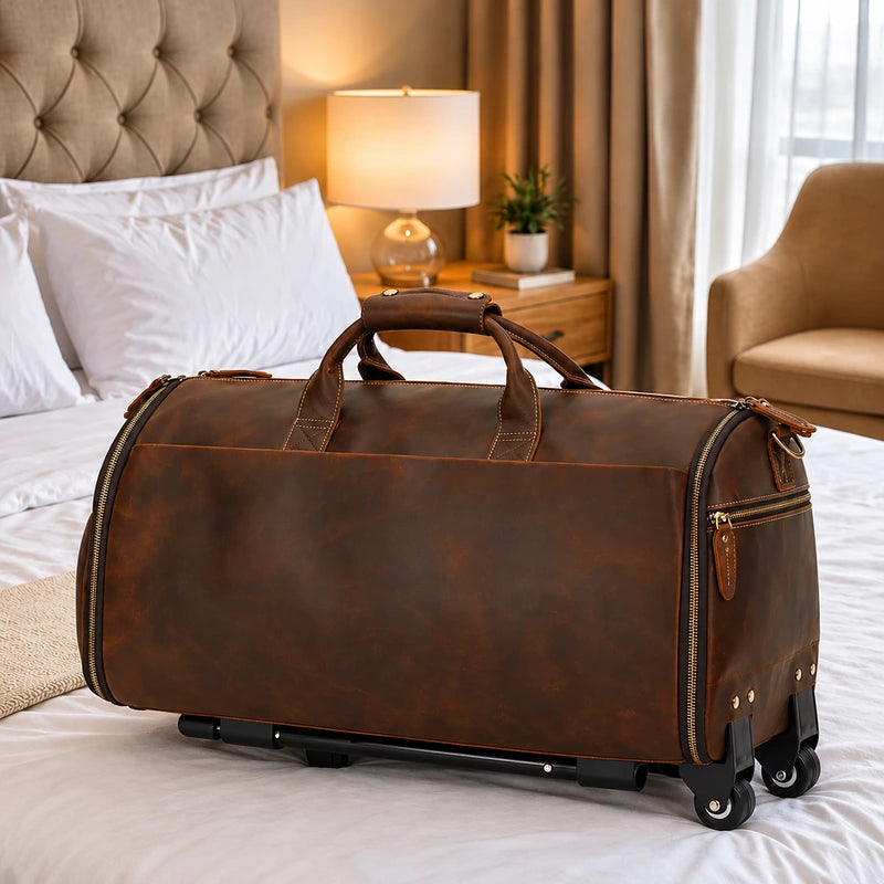 Men’s Leather Rolling Duffle Bag – Wheeled Weekender Travel Bag