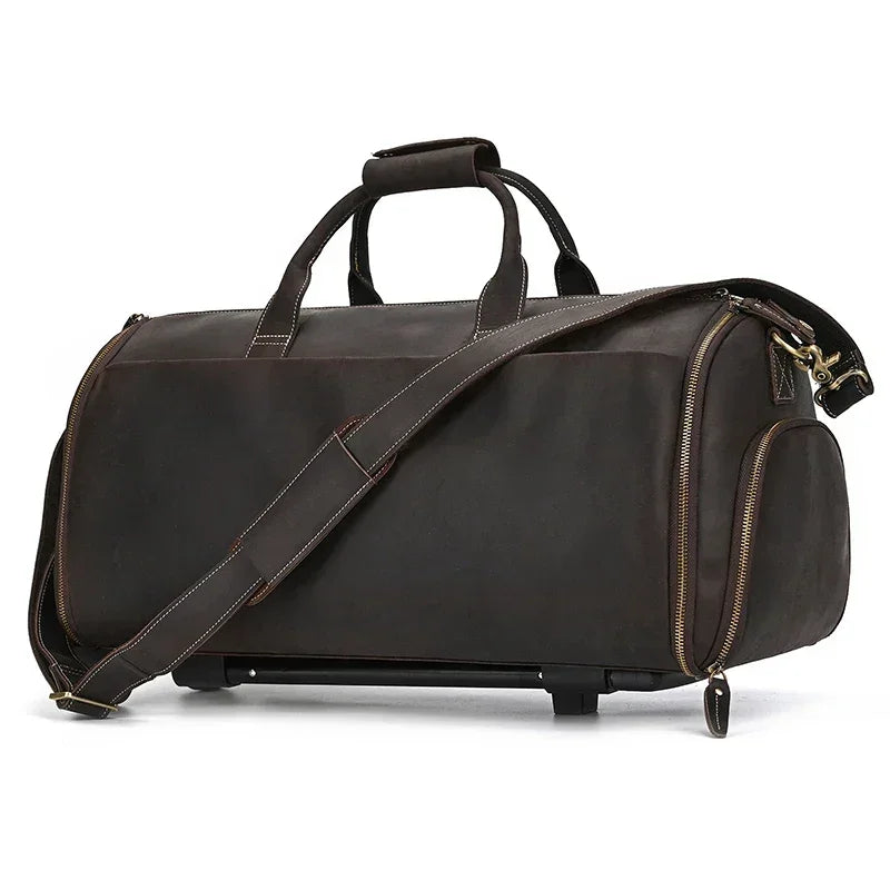 Men’s Leather Rolling Duffle Bag – Wheeled Weekender Travel Bag
