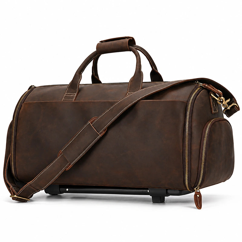 Men’s Leather Rolling Duffle Bag – Wheeled Weekender Travel Bag