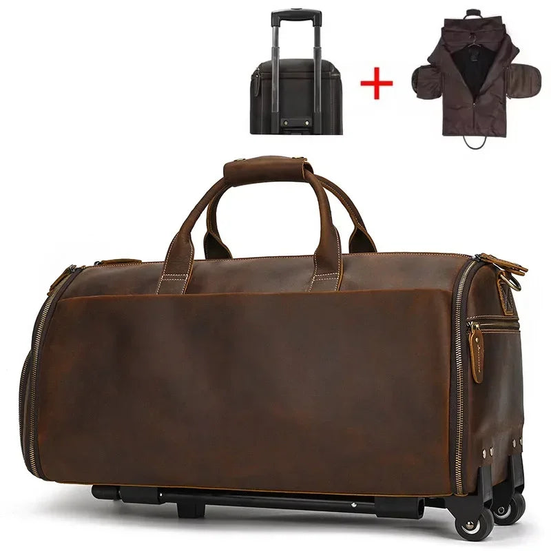 Men’s Leather Rolling Duffle Bag – Wheeled Weekender Travel Bag