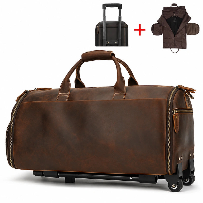 Men’s Leather Rolling Duffle Bag – Wheeled Weekender Travel Bag