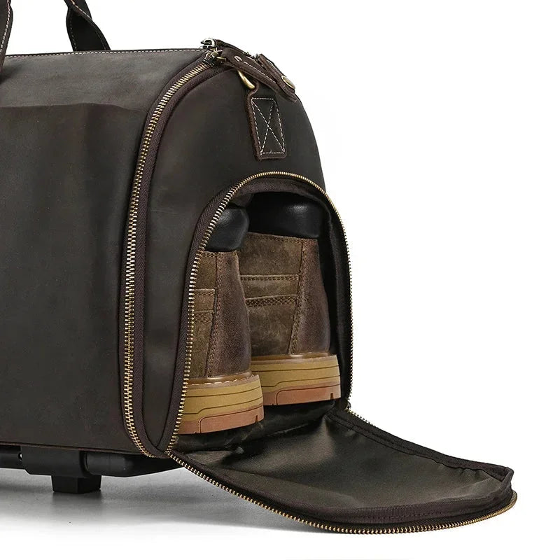 Men’s Leather Rolling Duffle Bag – Wheeled Weekender Travel Bag