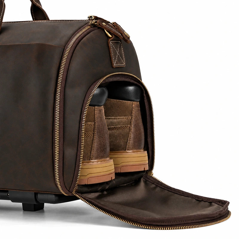 Men’s Leather Rolling Duffle Bag – Wheeled Weekender Travel Bag