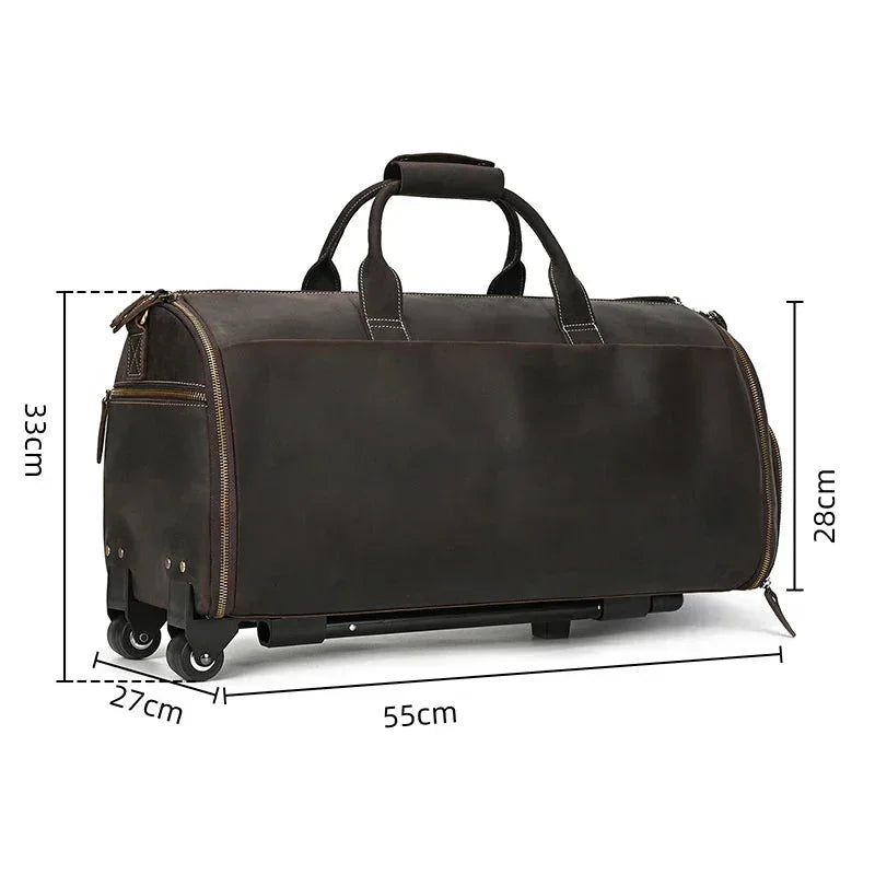 Men’s Leather Rolling Duffle Bag – Wheeled Weekender Travel Bag