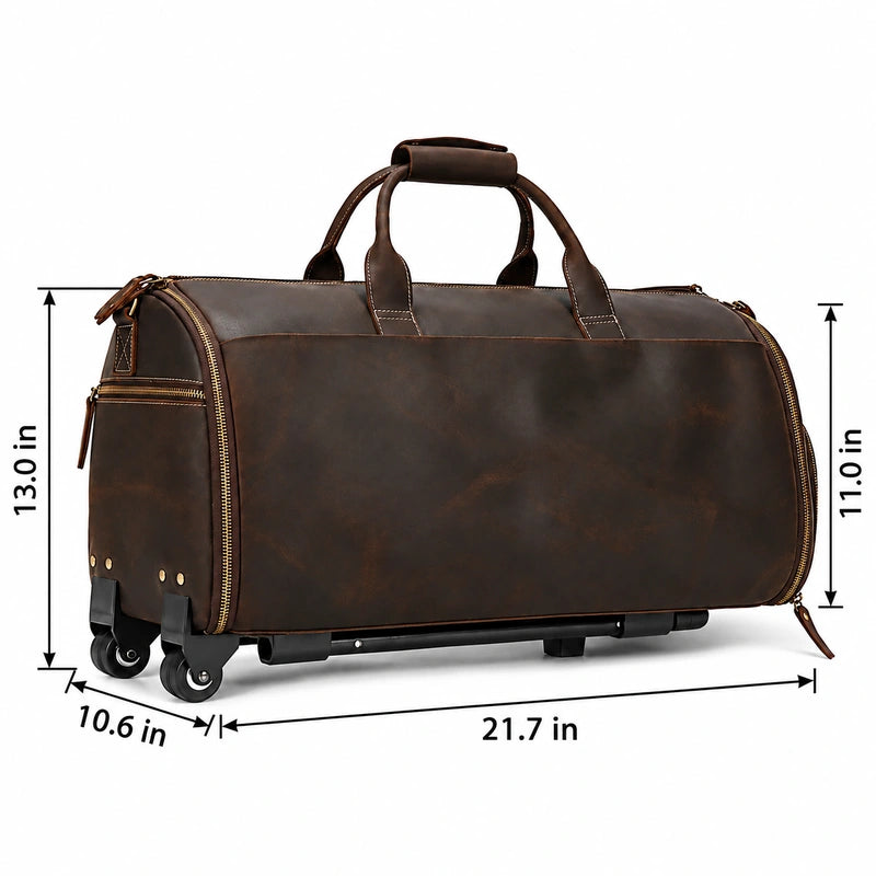 Men’s Leather Rolling Duffle Bag – Wheeled Weekender Travel Bag