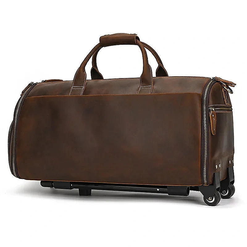 Men’s Leather Rolling Duffle Bag – Wheeled Weekender Travel Bag