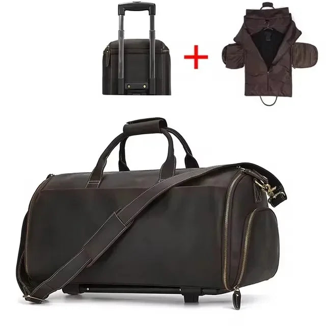 Men’s Leather Rolling Duffle Bag – Wheeled Weekender Travel Bag