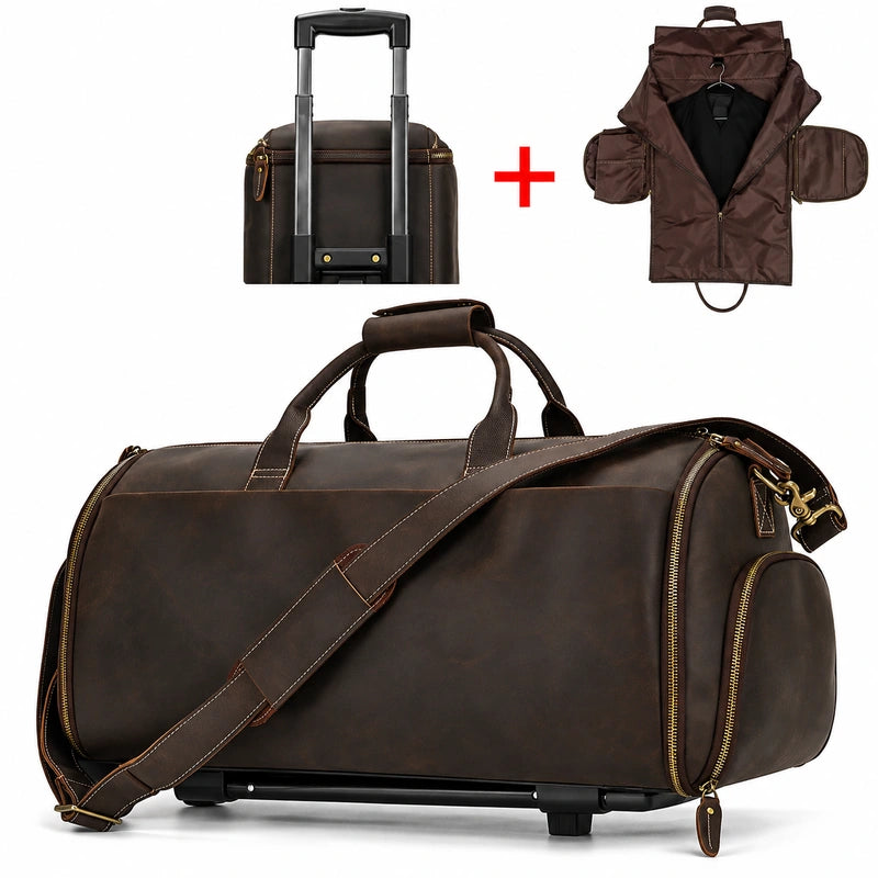Men’s Leather Rolling Duffle Bag – Wheeled Weekender Travel Bag