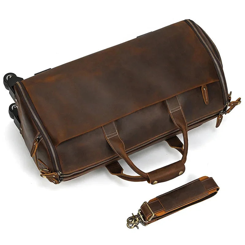 Men’s Leather Rolling Duffle Bag – Wheeled Weekender Travel Bag