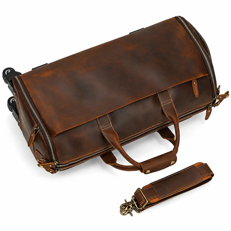 Men’s Leather Rolling Duffle Bag – Wheeled Weekender Travel Bag