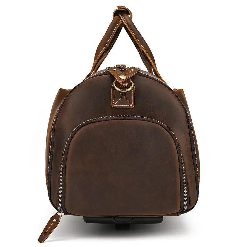 Men’s Leather Rolling Duffle Bag – Wheeled Weekender Travel Bag