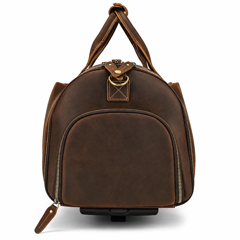 Men’s Leather Rolling Duffle Bag – Wheeled Weekender Travel Bag