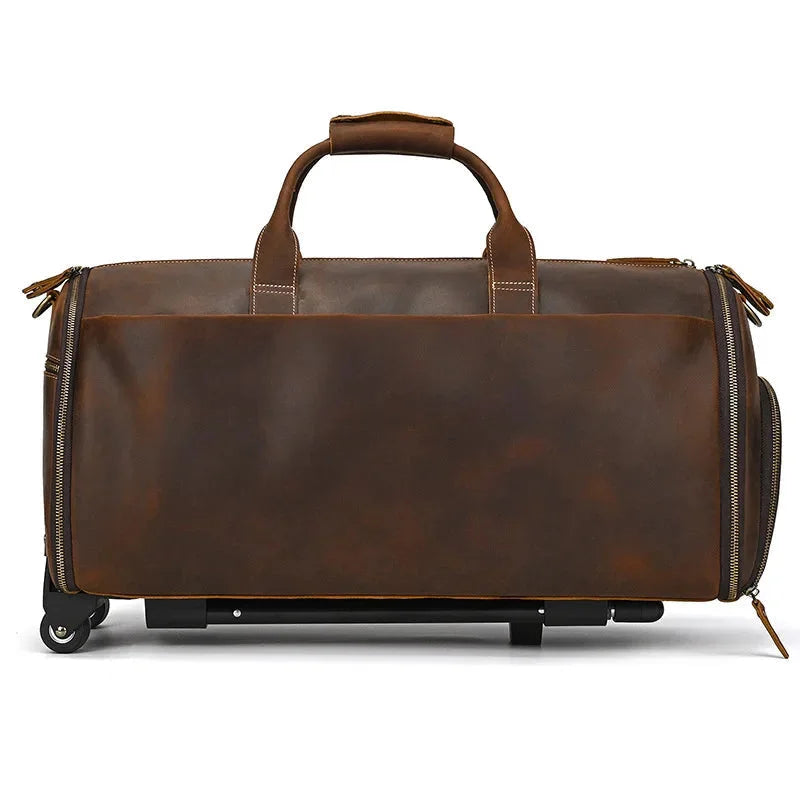 Men’s Leather Rolling Duffle Bag – Wheeled Weekender Travel Bag