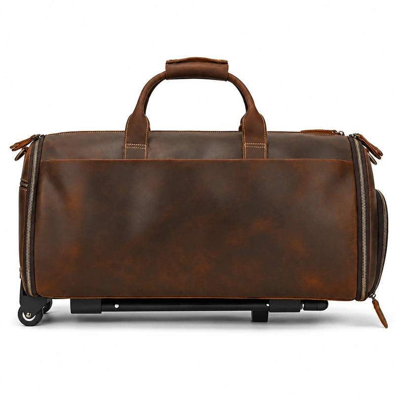 Men’s Leather Rolling Duffle Bag – Wheeled Weekender Travel Bag