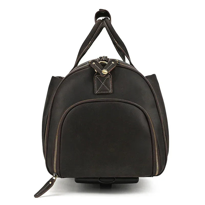 Men’s Leather Rolling Duffle Bag – Wheeled Weekender Travel Bag