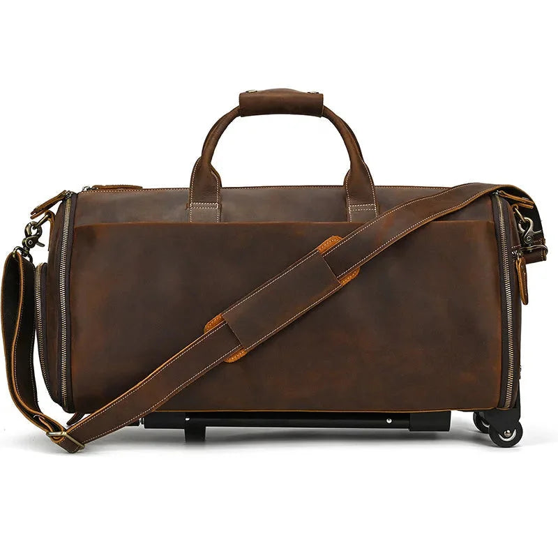 Men’s Leather Rolling Duffle Bag – Wheeled Weekender Travel Bag - Brown