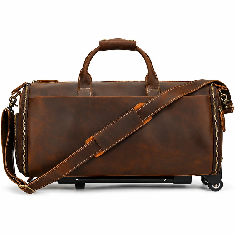 Men’s Leather Rolling Duffle Bag – Wheeled Weekender Travel Bag - Brown