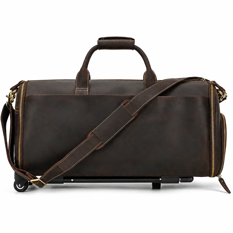 Men’s Leather Rolling Duffle Bag – Wheeled Weekender Travel Bag - Dark brown