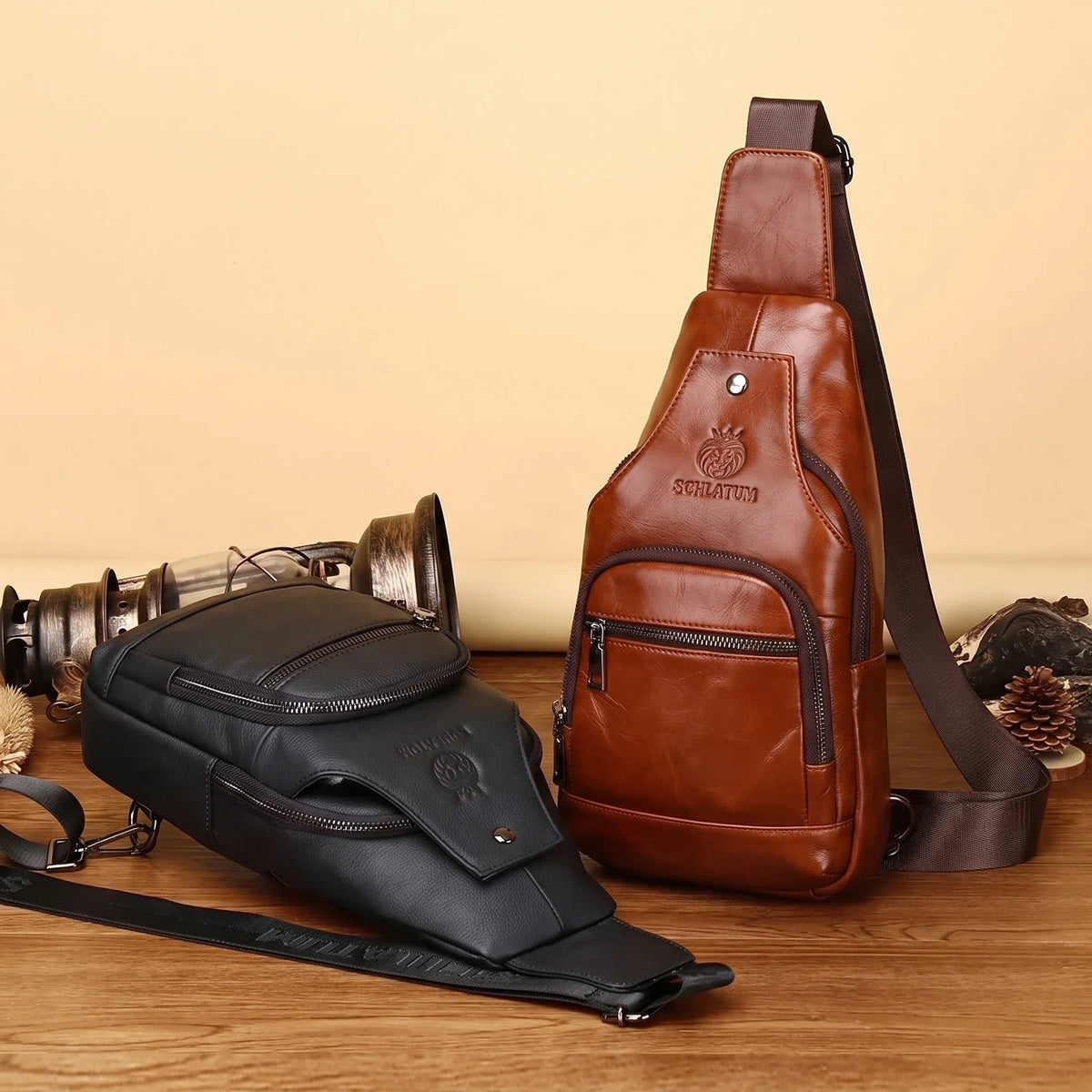 Men’s Leather Sling Bag - Compact Diagonal Carry with Rear Zip Pocket
