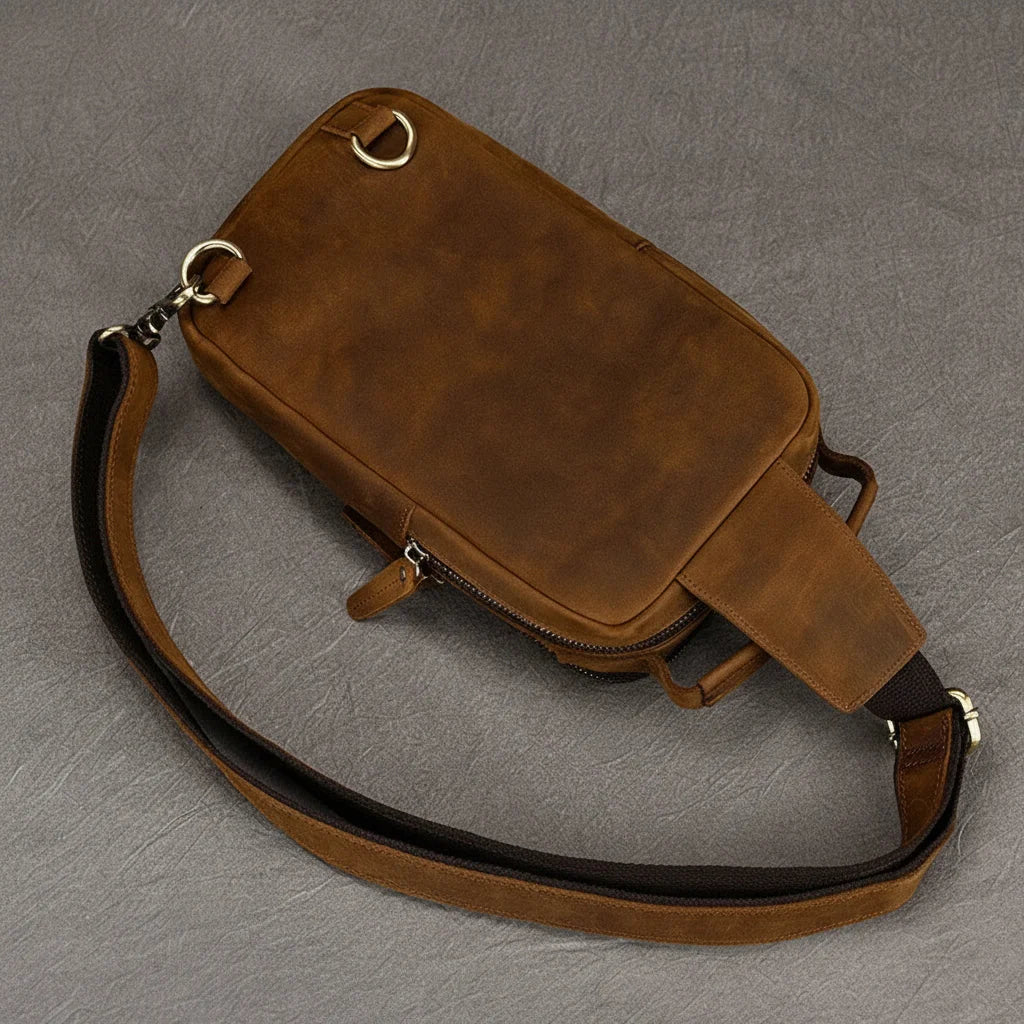 Men’s Leather Sling Bag - Crazy Horse Chest Bag 3-Pocket