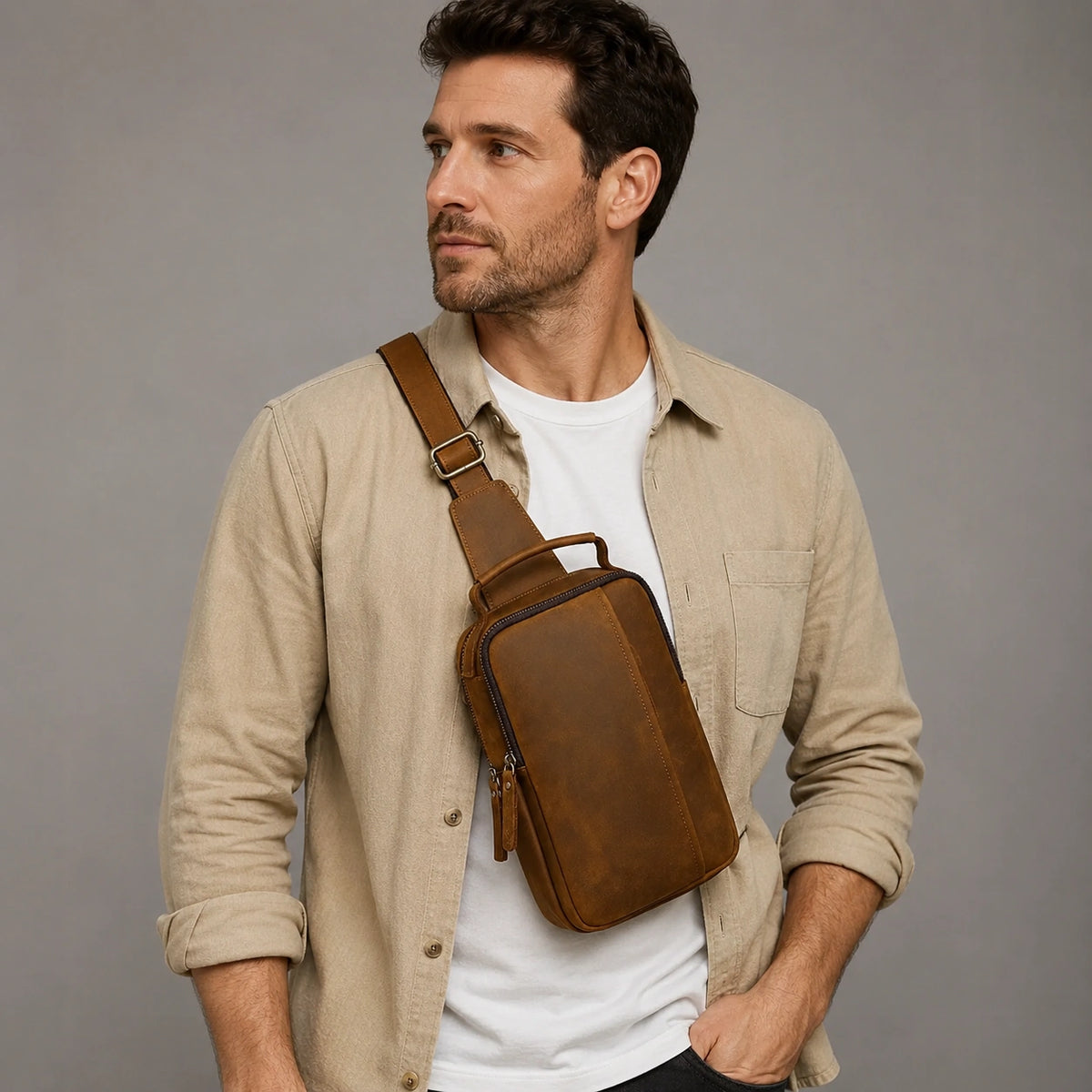 Men’s Leather Sling Bag - Crazy Horse Chest Bag 3-Pocket