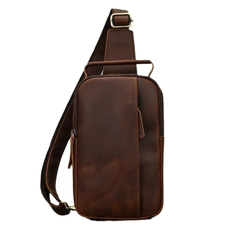 Men’s Leather Sling Bag - Crazy Horse Chest Bag 3-Pocket