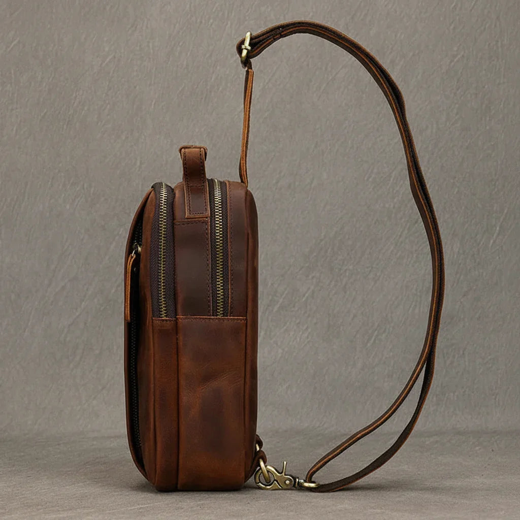 Men’s Leather Sling Bag - Crazy Horse Chest Bag 3-Pocket