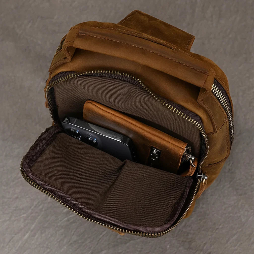 Men’s Leather Sling Bag - Crazy Horse Chest Bag 3-Pocket