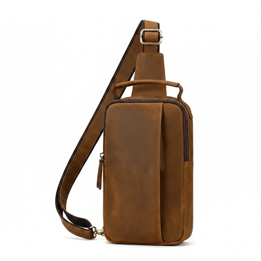 Men’s Leather Sling Bag - Crazy Horse Chest Bag 3-Pocket