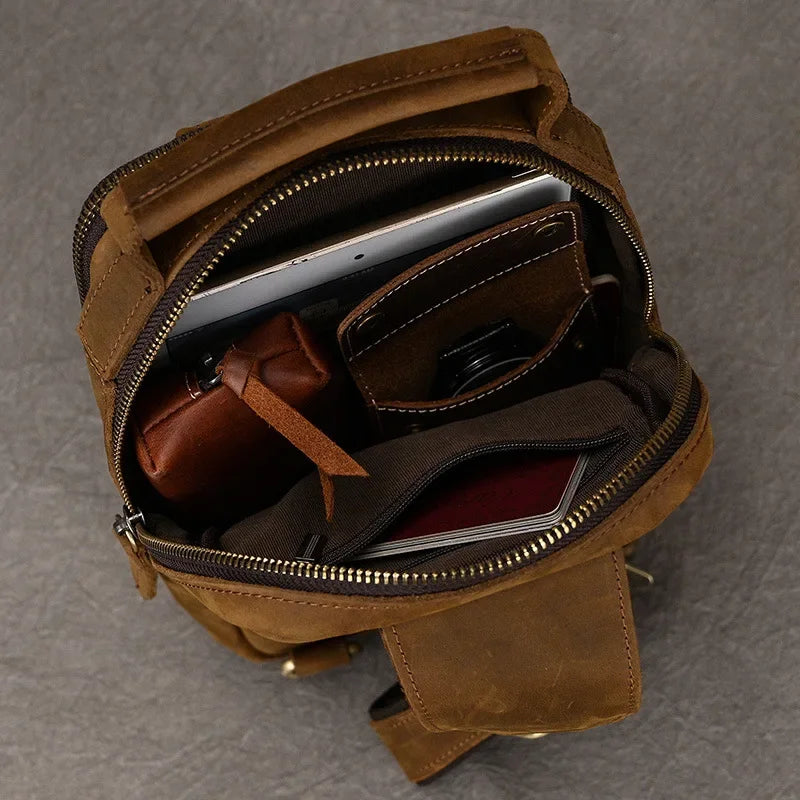 Men’s Leather Sling Bag - Crazy Horse Chest Bag 3-Pocket